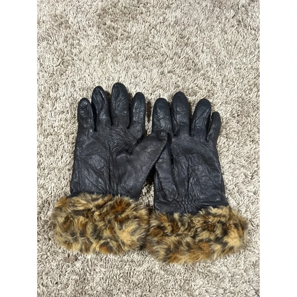 Merona Womens Black Leather Gloves Leopard Faux Fur Cuff Mob‎ Wife Chic Luxury